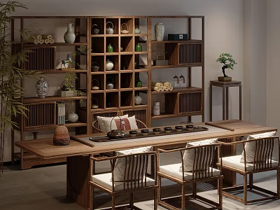 Traditional Chinese Wooden Tea Table And Chairs With Display Shelf Vases Tea Sets And Plants 3d model