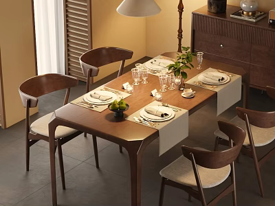Wooden Dining Table Set With Matching Chairs Tableware And Green Plant Decor 3d model