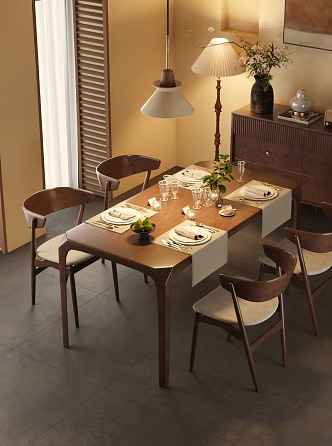 Middle Ancient Style Dining Table Combination Vintage Dining Table and Chair Combination Solid Wood Walnut Color Dining Table 3d model