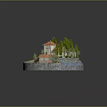 Cartoon Scene Featuring Circular Island Red Roof Houses Green Trees Blue Water and Paved Ground