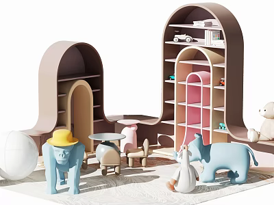 Kids Curved Bookshelf With Colorful Shelves And Animal Toys In Playroom 3d model
