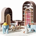 Kids Curved Bookshelf With Colorful Shelves And Animal Toys In Playroom