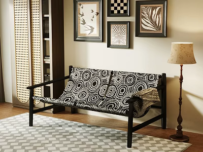 Armchair With Black Frame Black White Spiral Pattern On Checkered Rug Near Floor Lamp 3d model