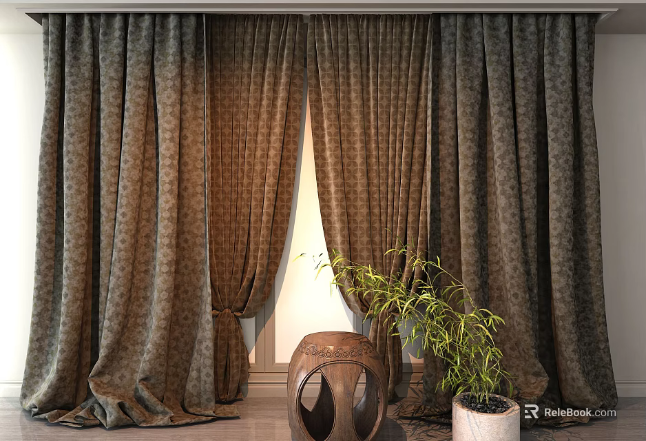 Brown Patterned Heavy Curtains With Floor Length Design And Decorative Plant 3d model 
