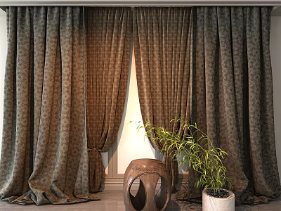 Brown Patterned Heavy Curtains With Floor Length Design And Decorative Plant 3d model