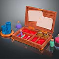 Open Vintage Wooden Storage Chest With Colorful Bottles And Scrolls