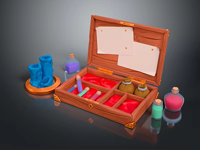 Open Vintage Wooden Storage Chest With Colorful Bottles And Scrolls 3d model