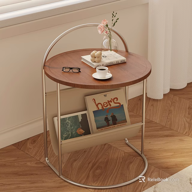 Round Wooden Top Bedside Table with Metal Frame Storage Shelf Eyeglasses Coffee Cup and Books 3d model 