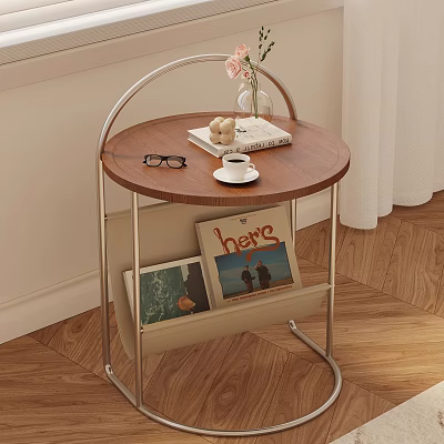 Round Wooden Top Bedside Table with Metal Frame Storage Shelf Eyeglasses Coffee Cup and Books 3d model