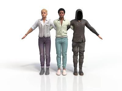 Three Men Standing Together With Arms Outstretched In Different Outfits 3d model