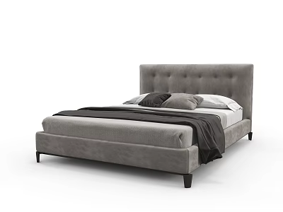 Elegant Grey Double Bed with Tufted Headboard Black Legs and Dark Blanket 3d model