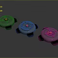Three Round Weapon Devices Featuring Red Green Yellow Buttons And Black Stands