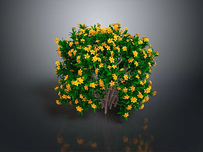 Potted Shrub Plant With Yellow Flowers And Green Leaves In Round Shape 3d model