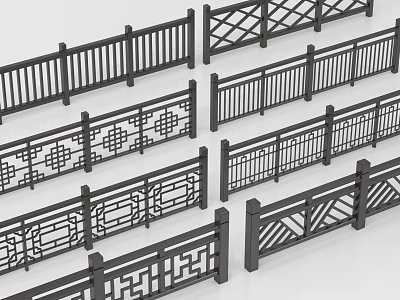 Black Decorative Fences with Various Intricate Cutout Patterns and Geometric Designs 3d model