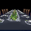 Elegant Dining Table Set With Black Tablecloth Wooden Chairs And Green Decorations