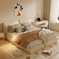 Cozy Bedroom Interior With Soft Bed Pillows Warm Quilt Desk Laptop Window Curtains And Patterned Rug