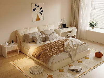 Cozy Bedroom Interior With Soft Bed Pillows Warm Quilt Desk Laptop Window Curtains And Patterned Rug 3d model