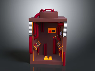 Sci Fi Character Operating Red Piped Machine With Yellow Control Panels 3d model