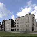 Multi Story School Building With Gray Exterior Large Windows And Green Lawn Under Blue Sky