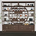 Traditional Chinese Wooden Antique Display Shelf Featuring Circular Compartments Teapots And Books