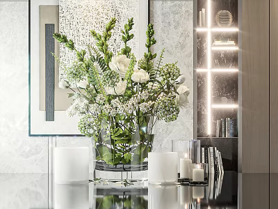 Elegant Modern Tabletop Display With Glass Vase White Flowers Green Foliage And Candles 3d model