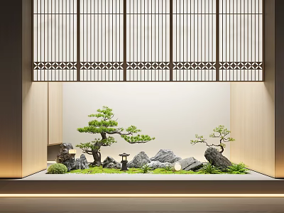 Traditional Zen Indoor Landscape With Shoji Screen Bonsai Pines Rocks Stone Lantern And Moss 3d model