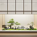 Traditional Zen Indoor Landscape With Shoji Screen Bonsai Pines Rocks Stone Lantern And Moss
