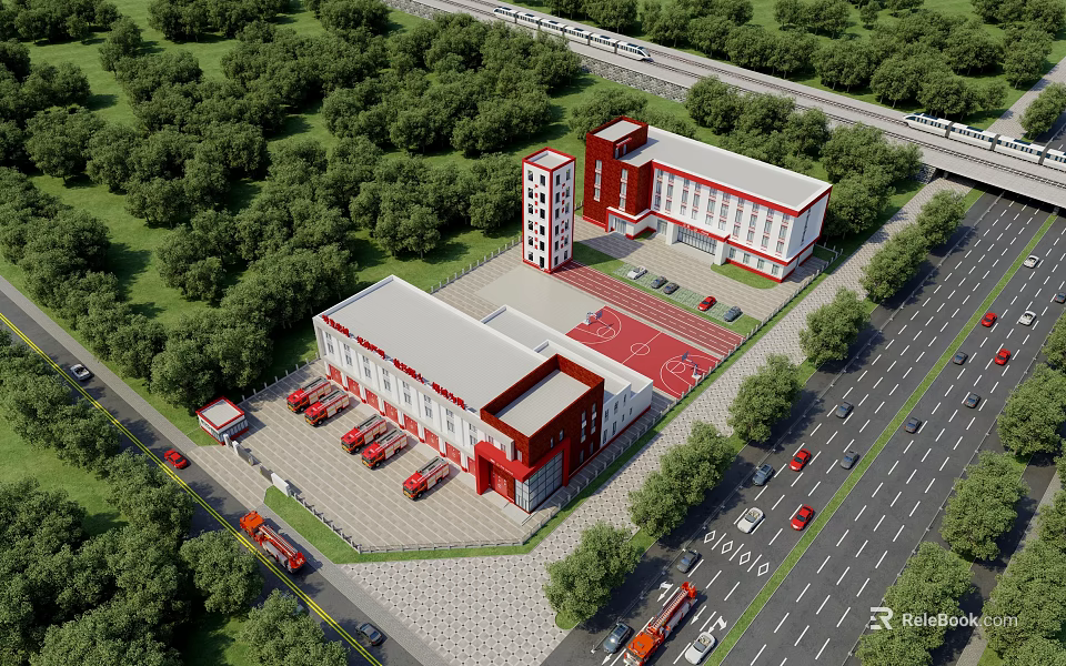 Birds Eye View Planning of Modern Buildings With Parking Red Track Green Landscaping and Roads 3d model 