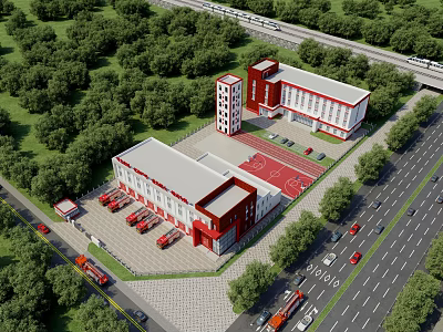 Birds Eye View Planning of Modern Buildings With Parking Red Track Green Landscaping and Roads 3d model