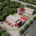 Birds Eye View Planning of Modern Buildings With Parking Red Track Green Landscaping and Roads