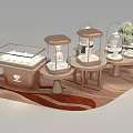 Jewelry Store Display With Glass Dome Cases And White Flower Arrangements On Decorative Carpet