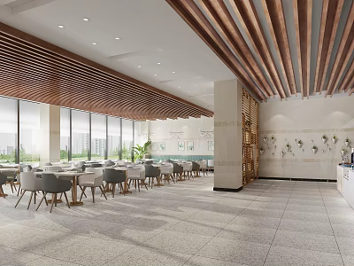 Bright Modern Dessert Shop Interior With Wooden Ceiling Large Windows Tables Chairs And Green Plants 3d model