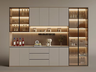 Modern Wine Cabinet With Glass Doors LED Lighting Wooden Frame Wine Bottles And Glassware 3d model