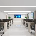 Modern Spacious Conference Room Interior With Long Tables Chairs Large Screen Windows And Plants