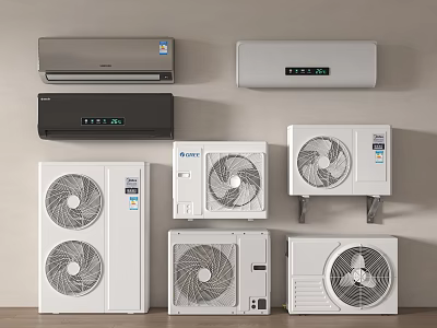 Various Air Conditioners And Fans Displayed On Wall 3d model