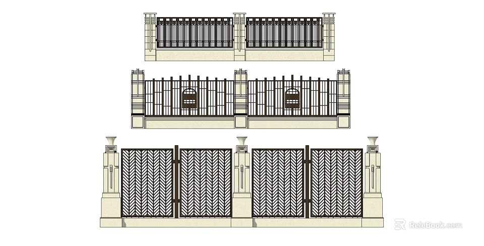 Building Facade With Varied Railing Designs Ornate Columns And Herringbone Patterns 3d model