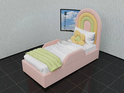 Pink Kids Bed With Rainbow Shaped Headboard White Sheets Green Blanket And Yellow Flower Pillow 3d model