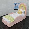 Pink Kids Bed With Rainbow Shaped Headboard White Sheets Green Blanket And Yellow Flower Pillow