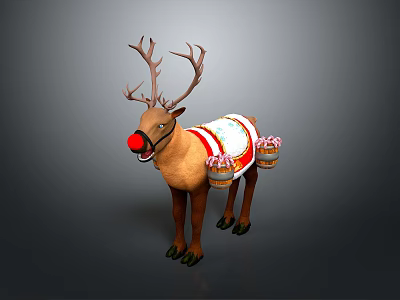 Christmas Themed Reindeer Decoration With Red Nose Decorative Saddle And Ornamental Barrels 3d model