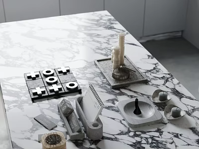Modern Kitchen Interior With Marble Countertop And Various Cooking Utensils 3d model