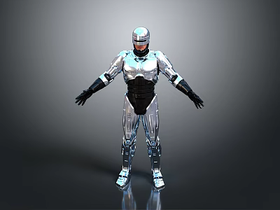 Silver And Black Robot With Metallic Armor In Standing Pose Arms Outstretched Gray Gradient Background 3d model
