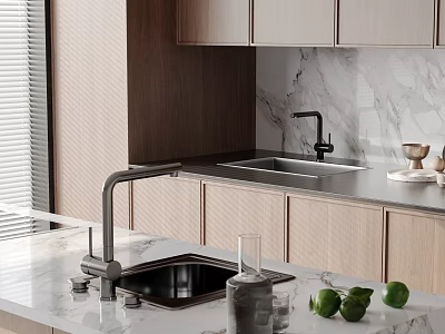 Modern Kitchen Sink With Brass Faucet On Marble Countertop And Fresh Green Limes 3d model