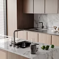 Modern Kitchen Sink With Brass Faucet On Marble Countertop And Fresh Green Limes
