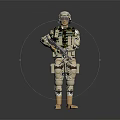 Military Soldier In Camouflage Uniform Holding Rifle Against Gray Background