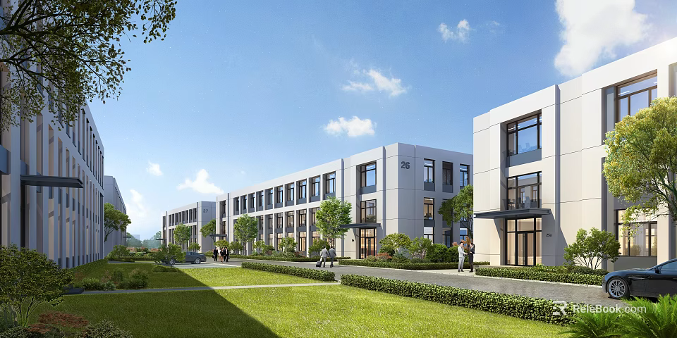 Modern Industrial Park With Green Landscaping And Buildings 3d model 