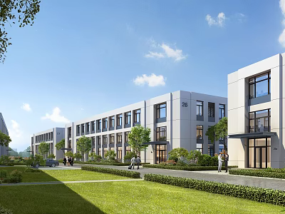 Modern Industrial Park With Green Landscaping And Buildings 3d model