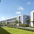 Modern Industrial Park With Green Landscaping And Buildings