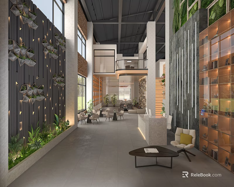 Modern Reception Area With Living Plant Wall Large Windows Open Space And Modern Furniture 3d model 