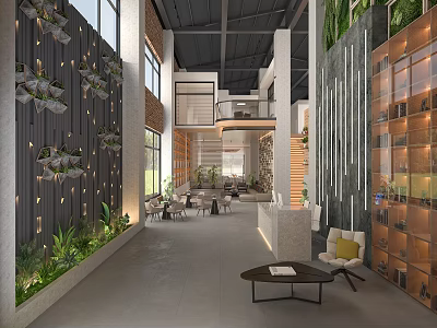 Modern Reception Area With Living Plant Wall Large Windows Open Space And Modern Furniture 3d model