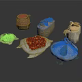 Fresh Food Collection with Strawberries Green Vegetables in Sacks Woven Baskets and Clay Pot